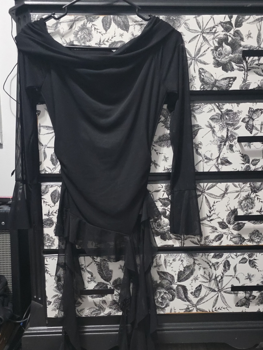 Amazon Black Asymmetrical Draped Long Sleeve Top with Sheer Ruffle Details